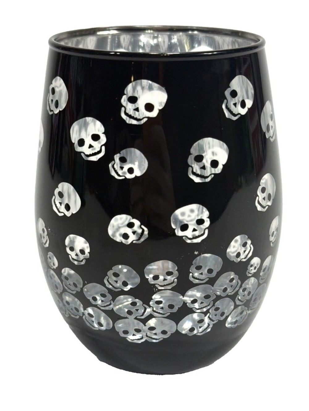 NIB Halloween Two-Tone Skull Stemless Wine Glass Black & Silver Metallic 17.5oz